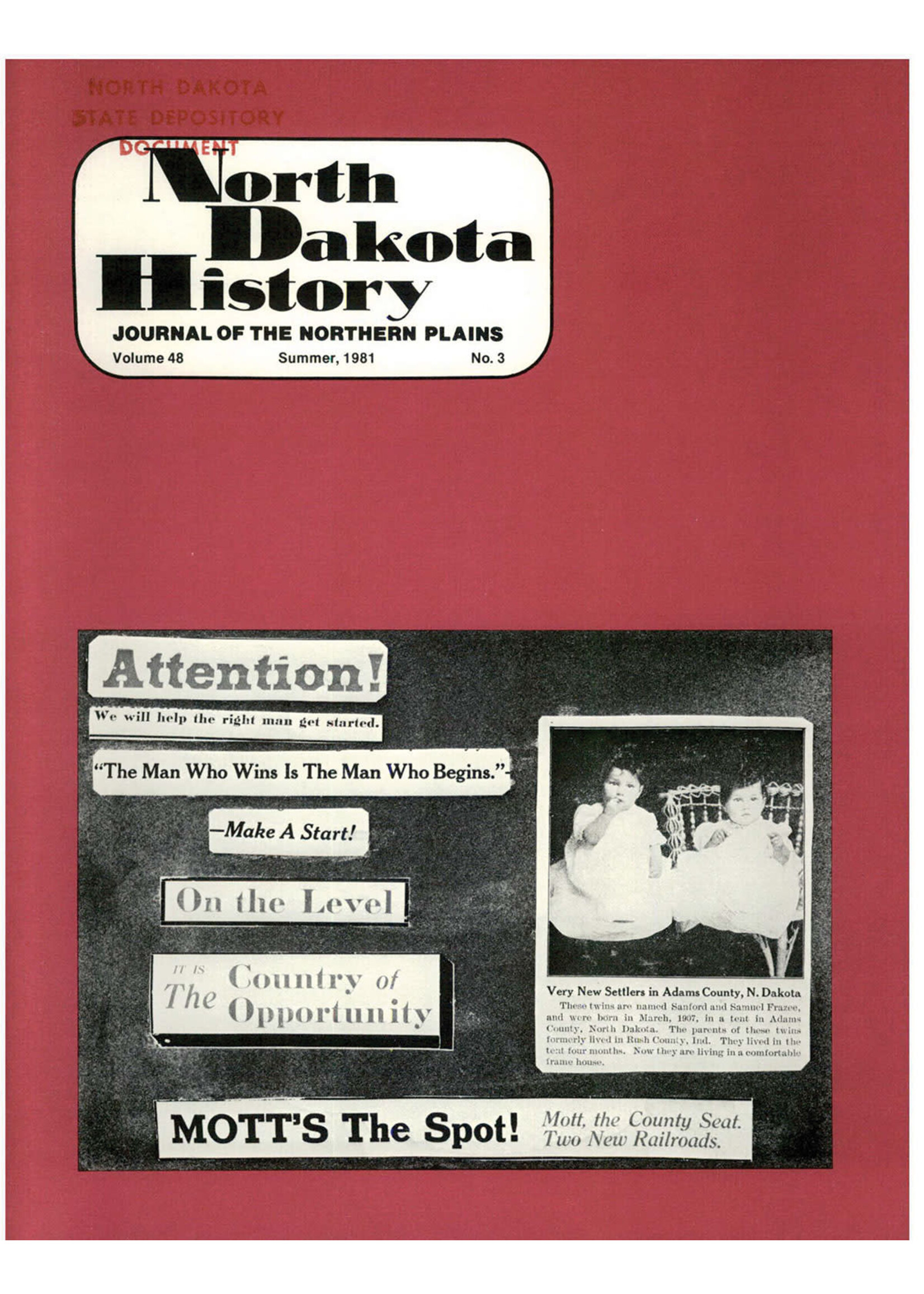 North Dakota History Journal Volume 48 No. 3 Summer, 1981