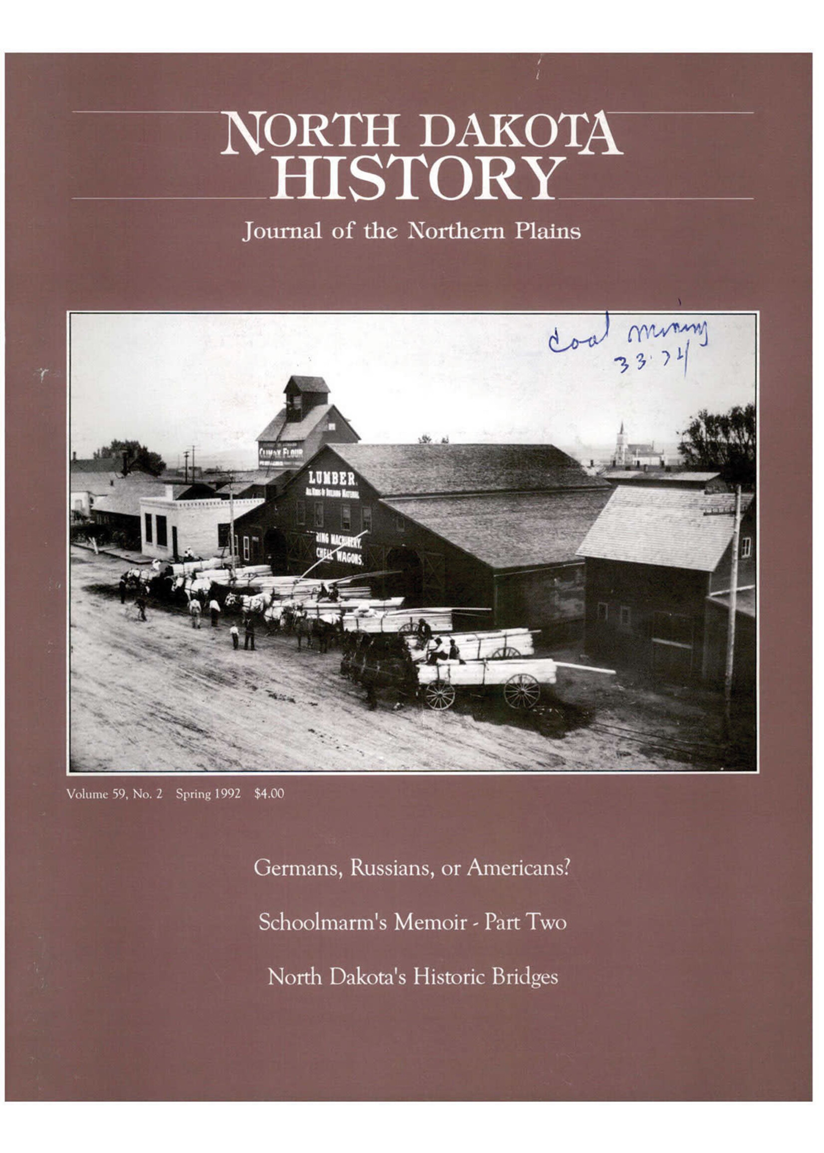 North Dakota History Journal Volume 59 No. 2 Spring, 1992