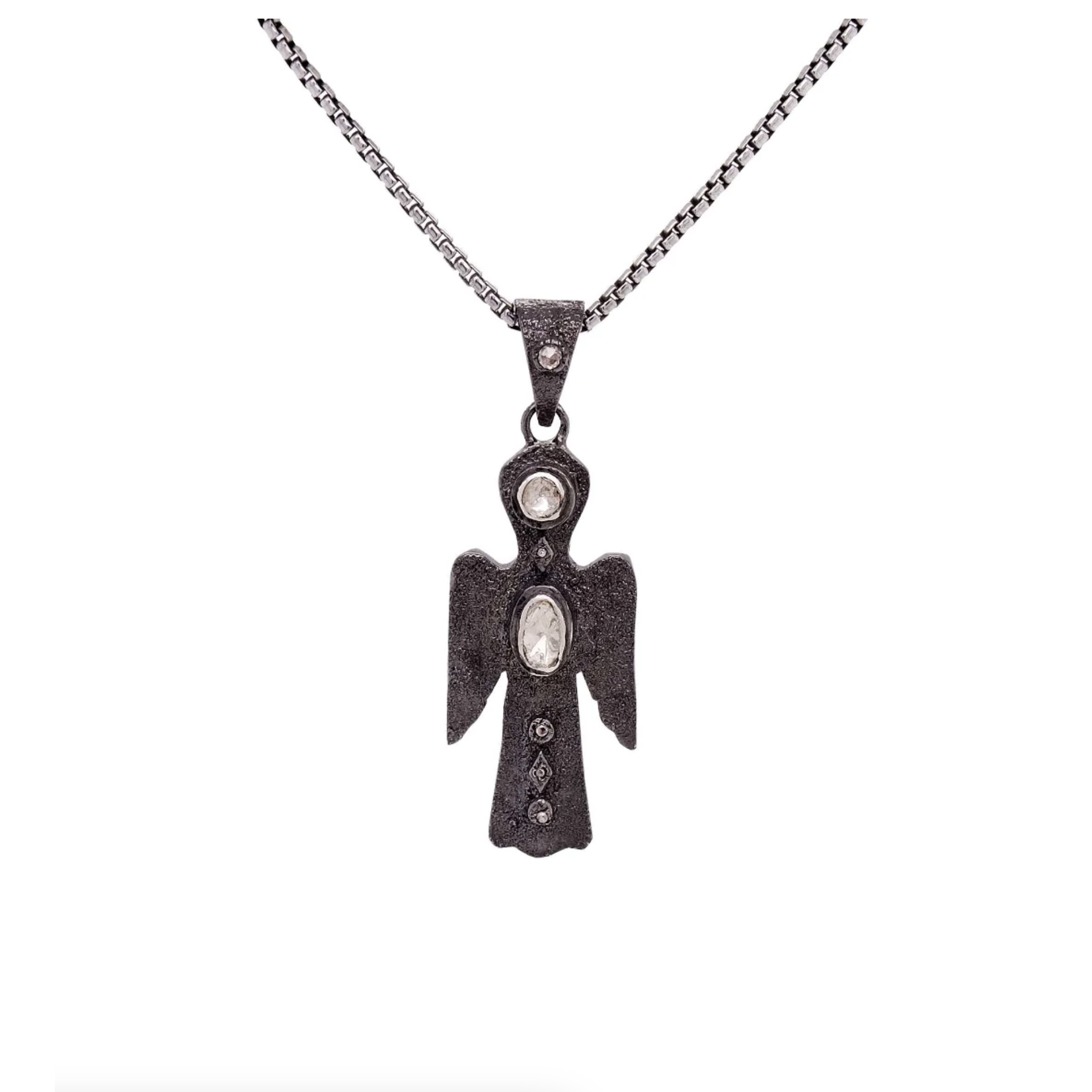 Keith Jack Silver and Black Rhodium Raw Diamond Angel Necklace