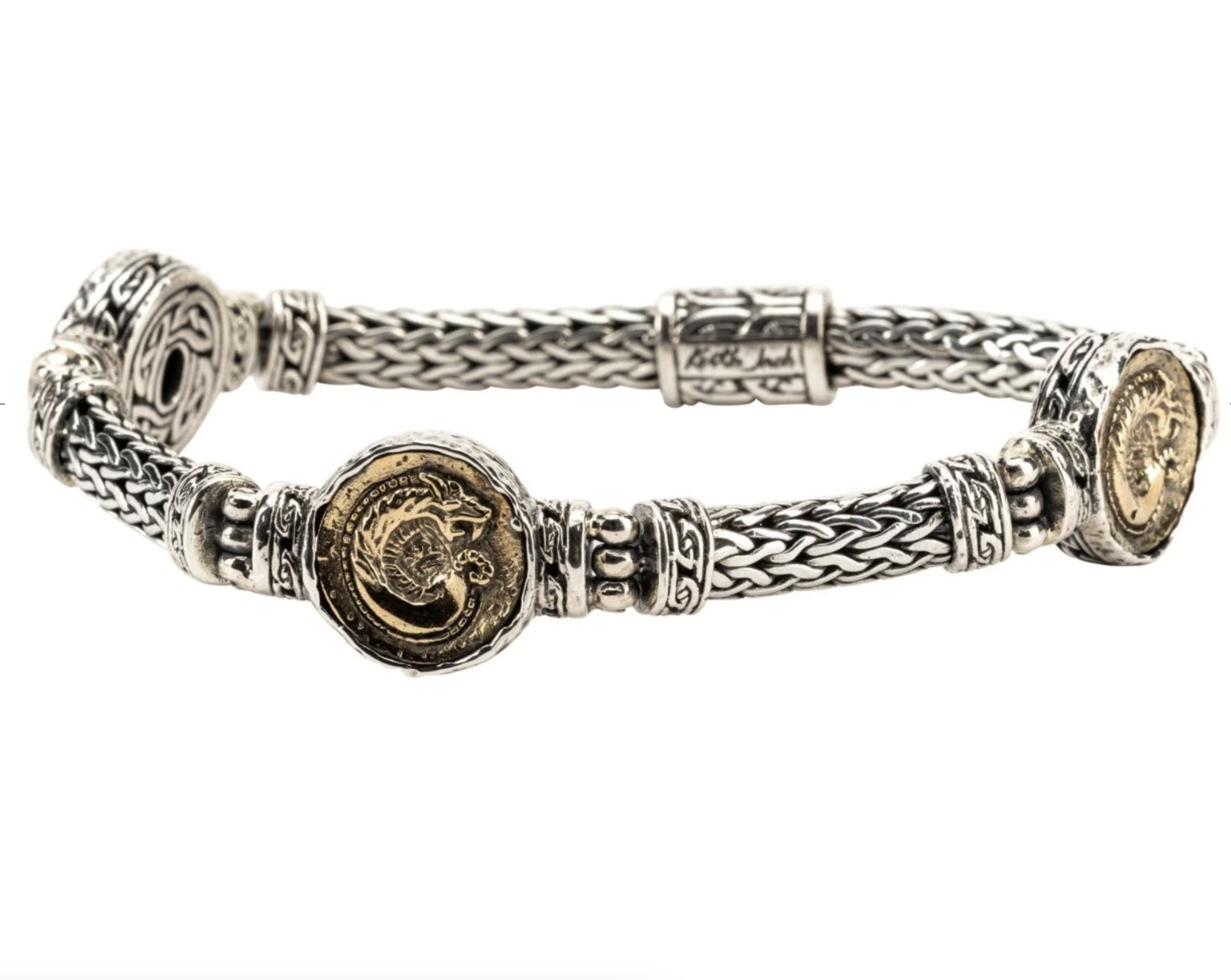 Silver & Bronze Dragon Coin Woven Bracelet - Angel Haven Specialty