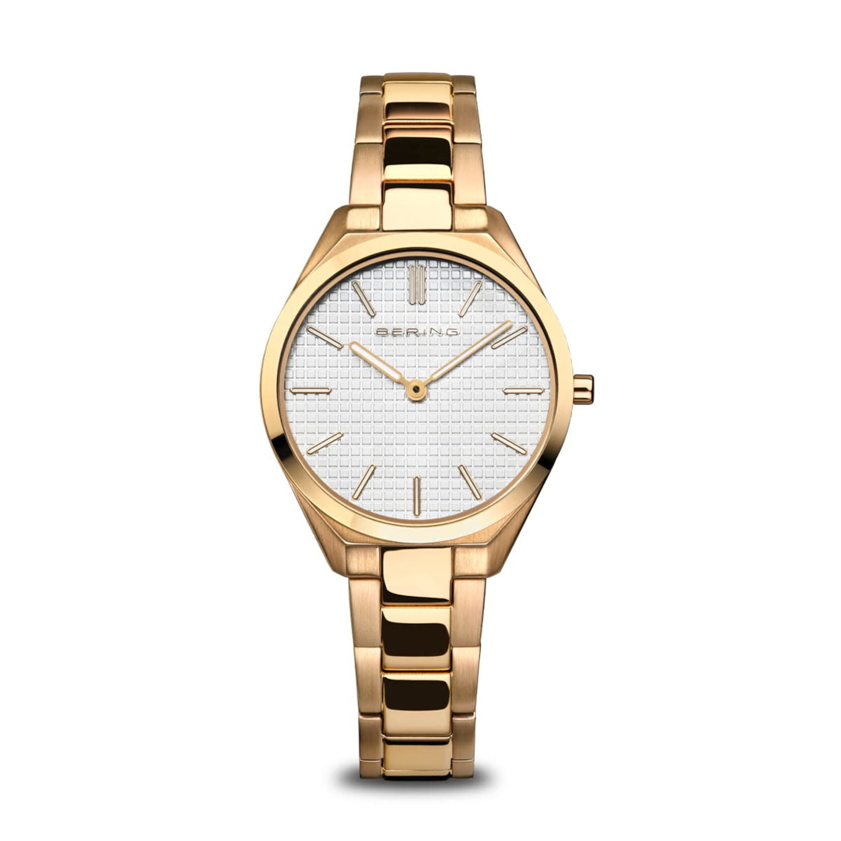 Bering Polished Gold Links w/ Ultra Slim Textured White Face Watch