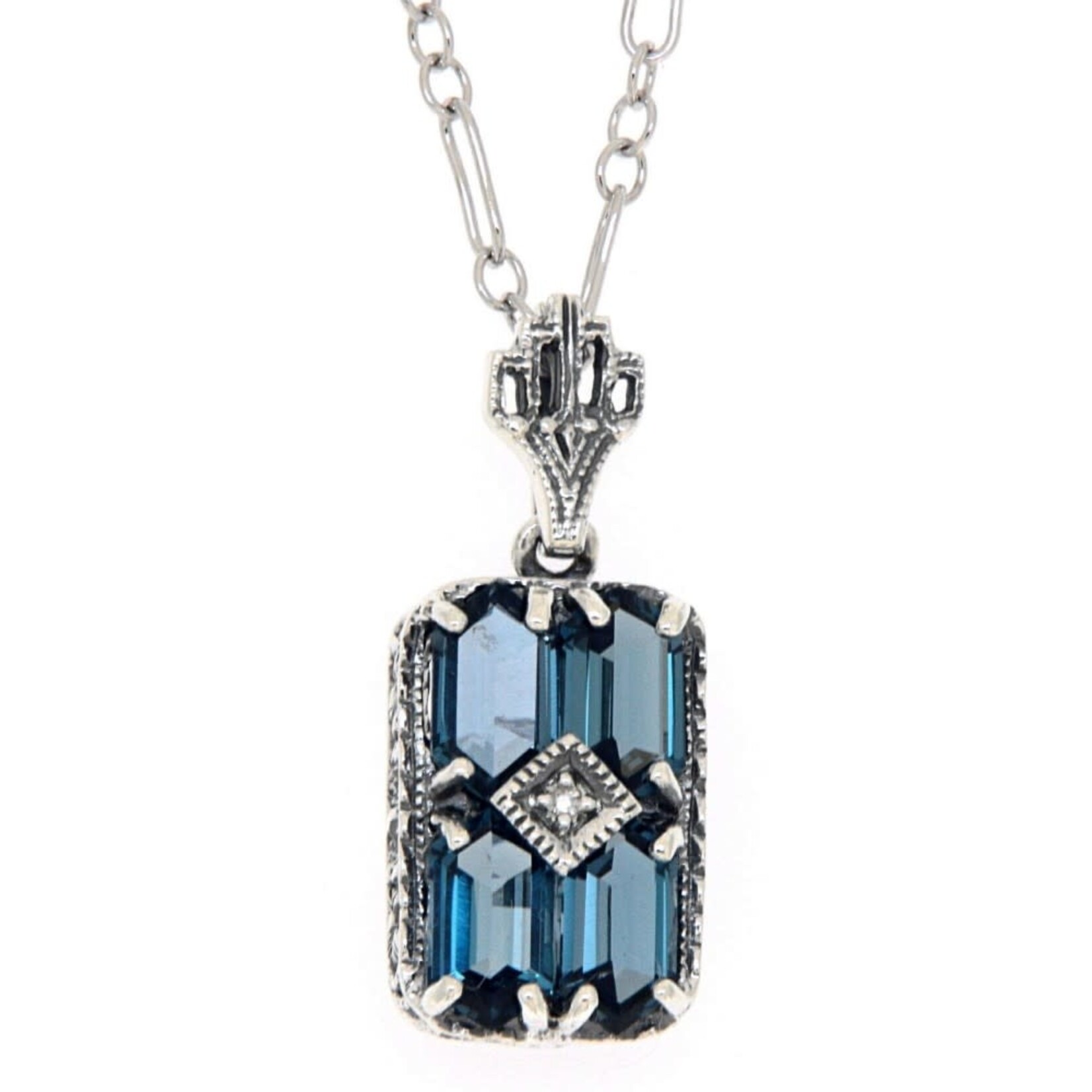Trufili Art Deco London Blue Topaz Filigree Diamond Necklace