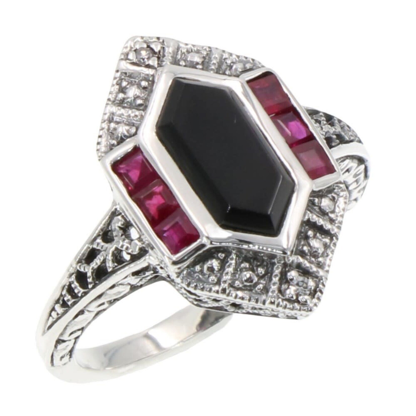 Trufili Art Deco Black Onyx, Ruby & Diamond Ring