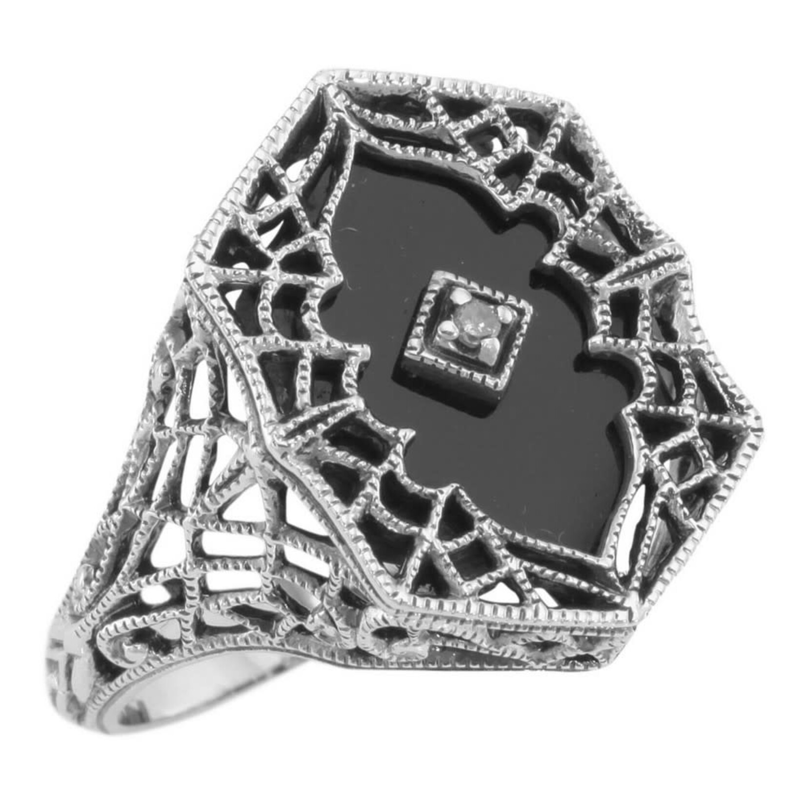 Trufili Victorian Spiderweb Black Onyx Ring W/ Diamond 6