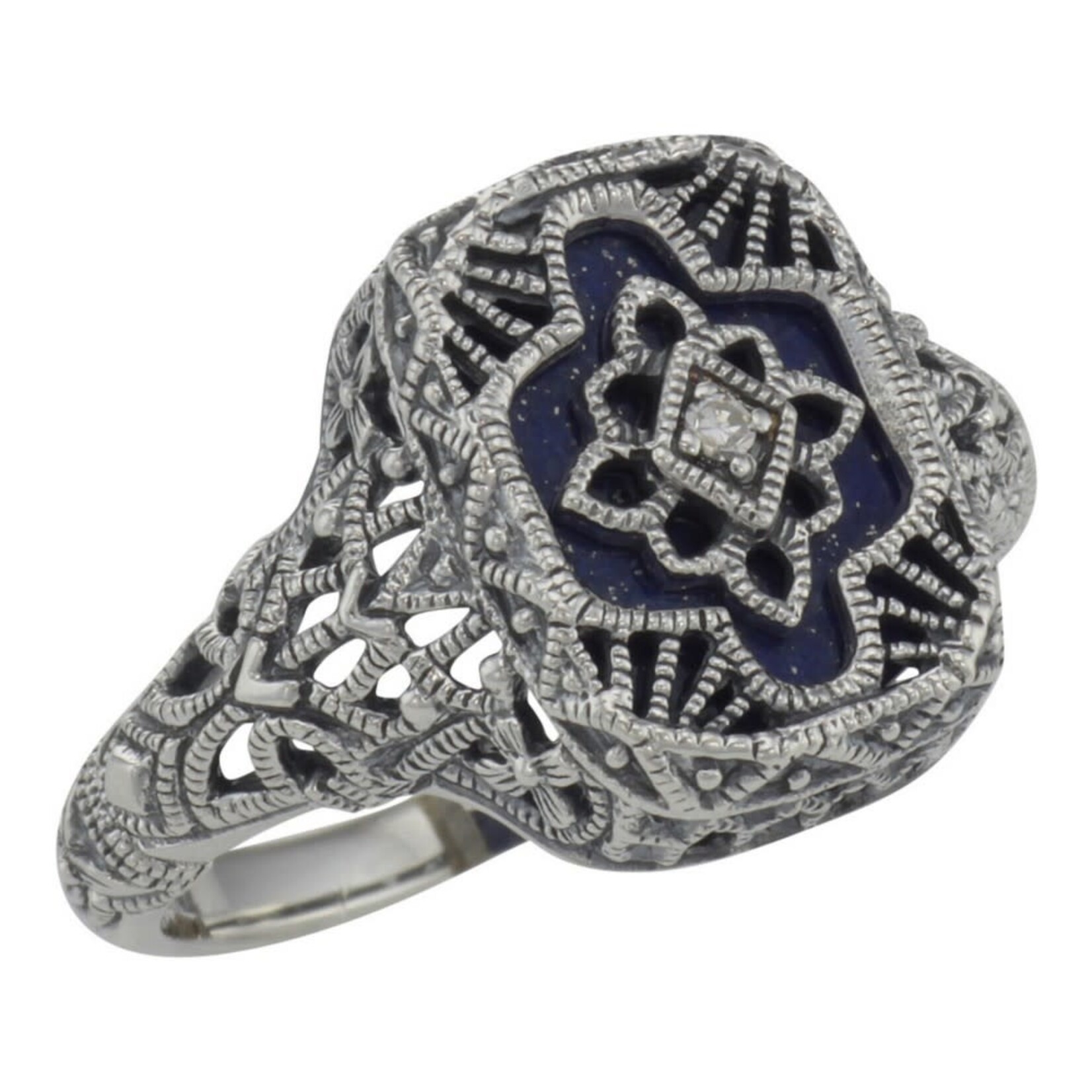 Trufili Sterling Silver Victorian Lapis with Diamond Ring