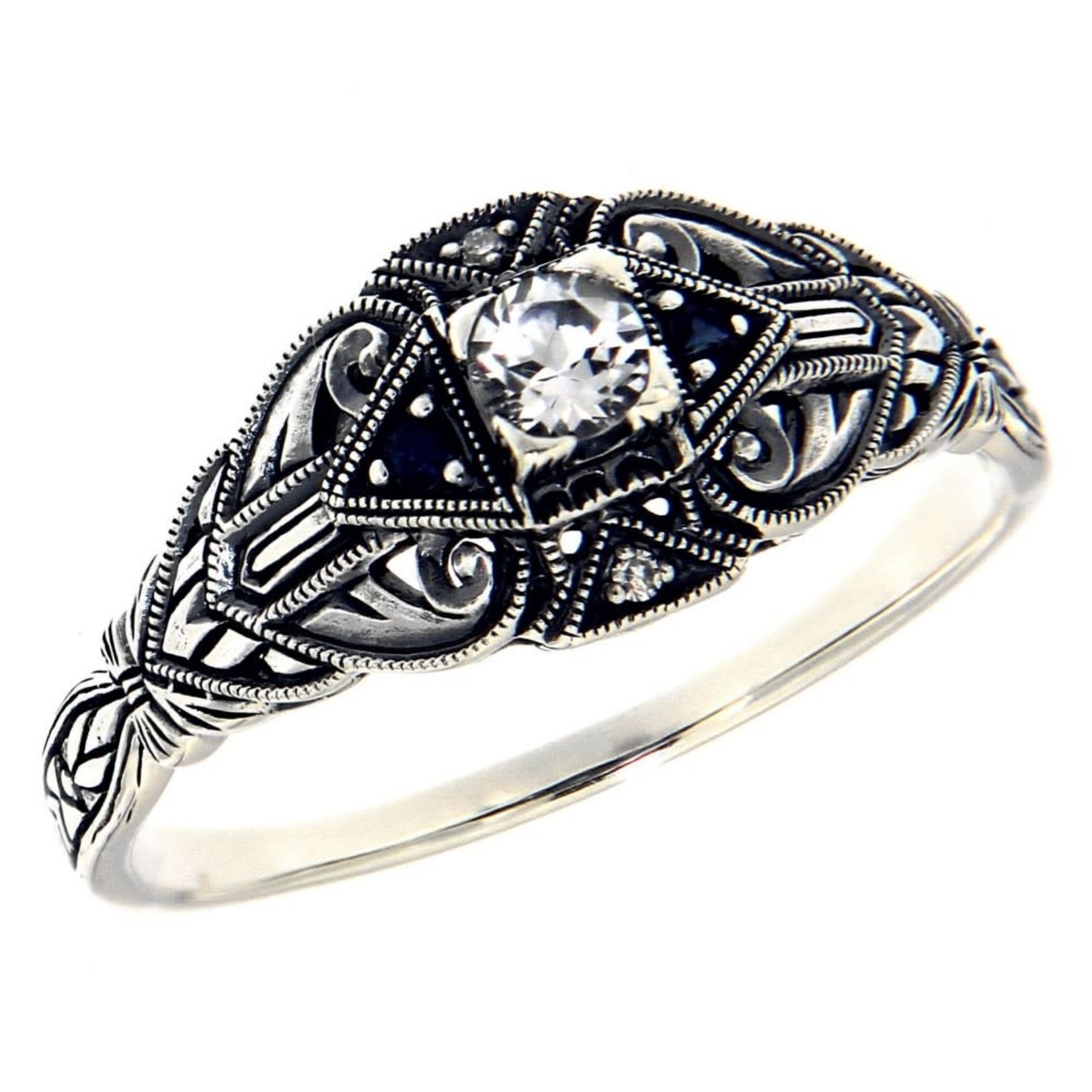 Trufili Art Deco Filigree Sapphire & White Topaz Ring