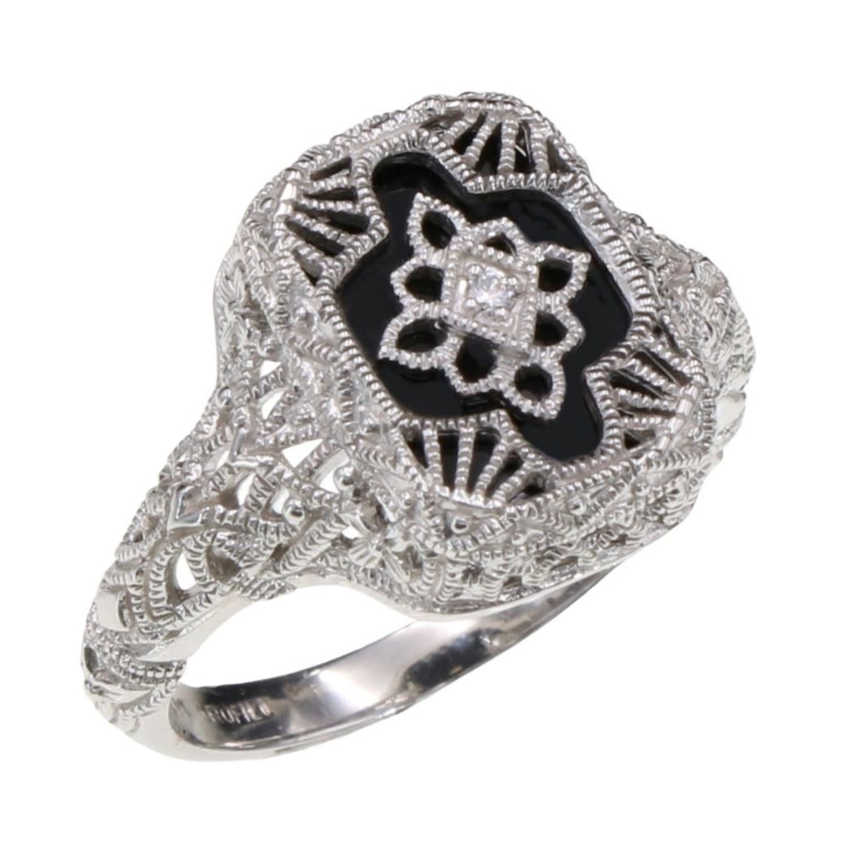 Trufili 14K White Gold Victorian Black Onyx & Diamond Ring
