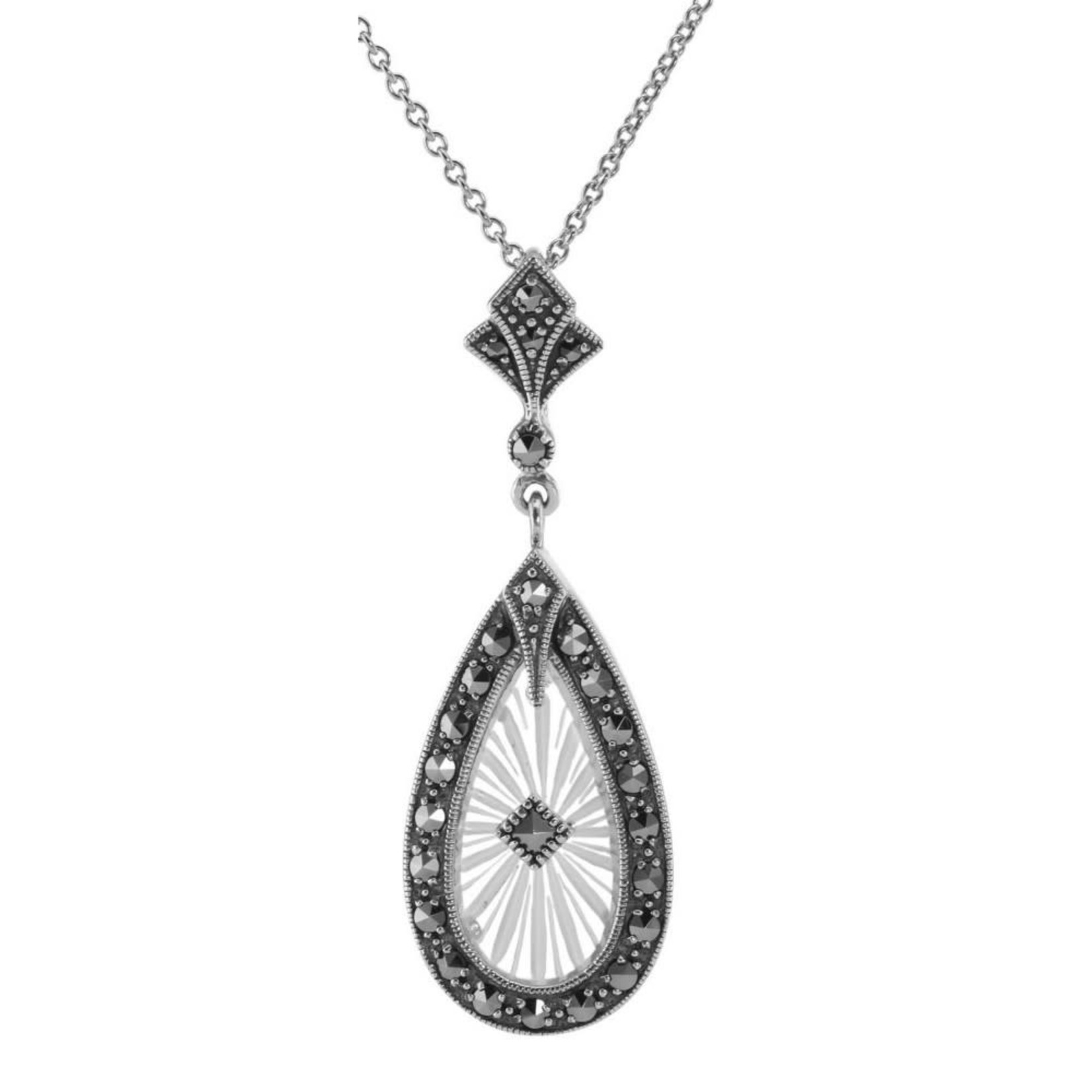 Trufili Art Deco Tear Drop Sunray Crystal & Marcasite Necklace