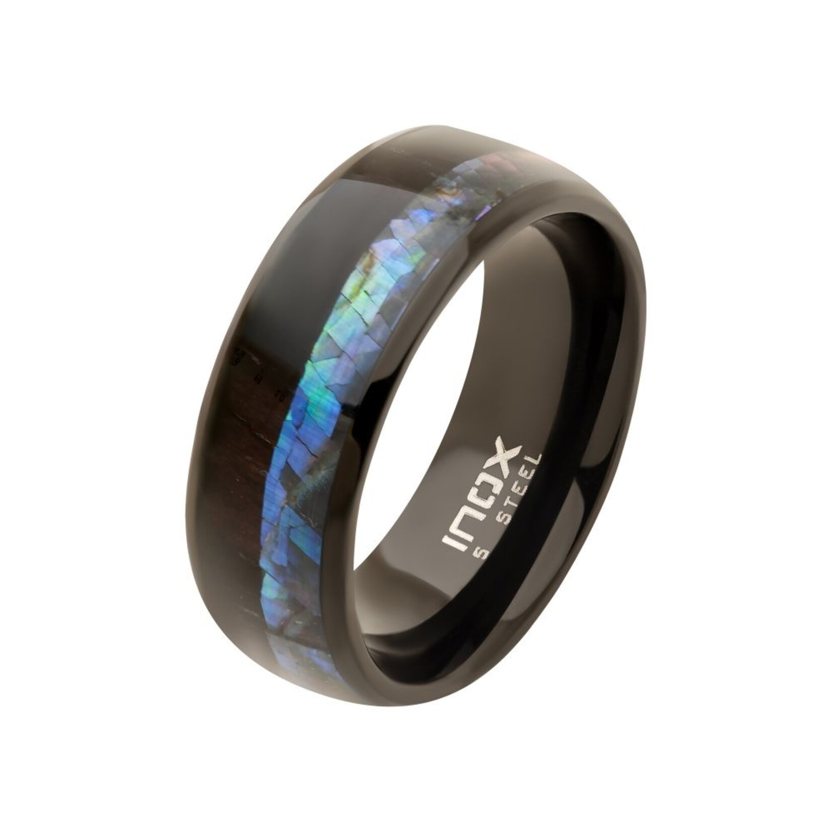 Inox Black IP Abalone Shell & Ebony Wood Inlay Ring