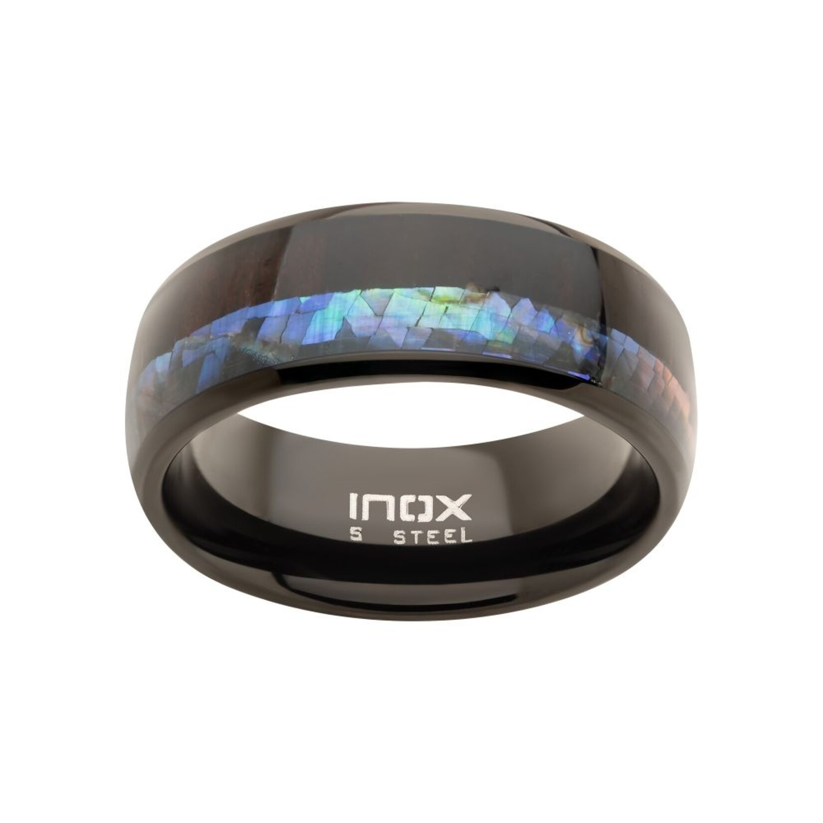 Inox Black IP Abalone Shell & Ebony Wood Inlay Ring