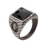 Inox Matte Finish Gun Metal IP with African Lion Sigil & Faceted Black Agate Stone Signet Ring