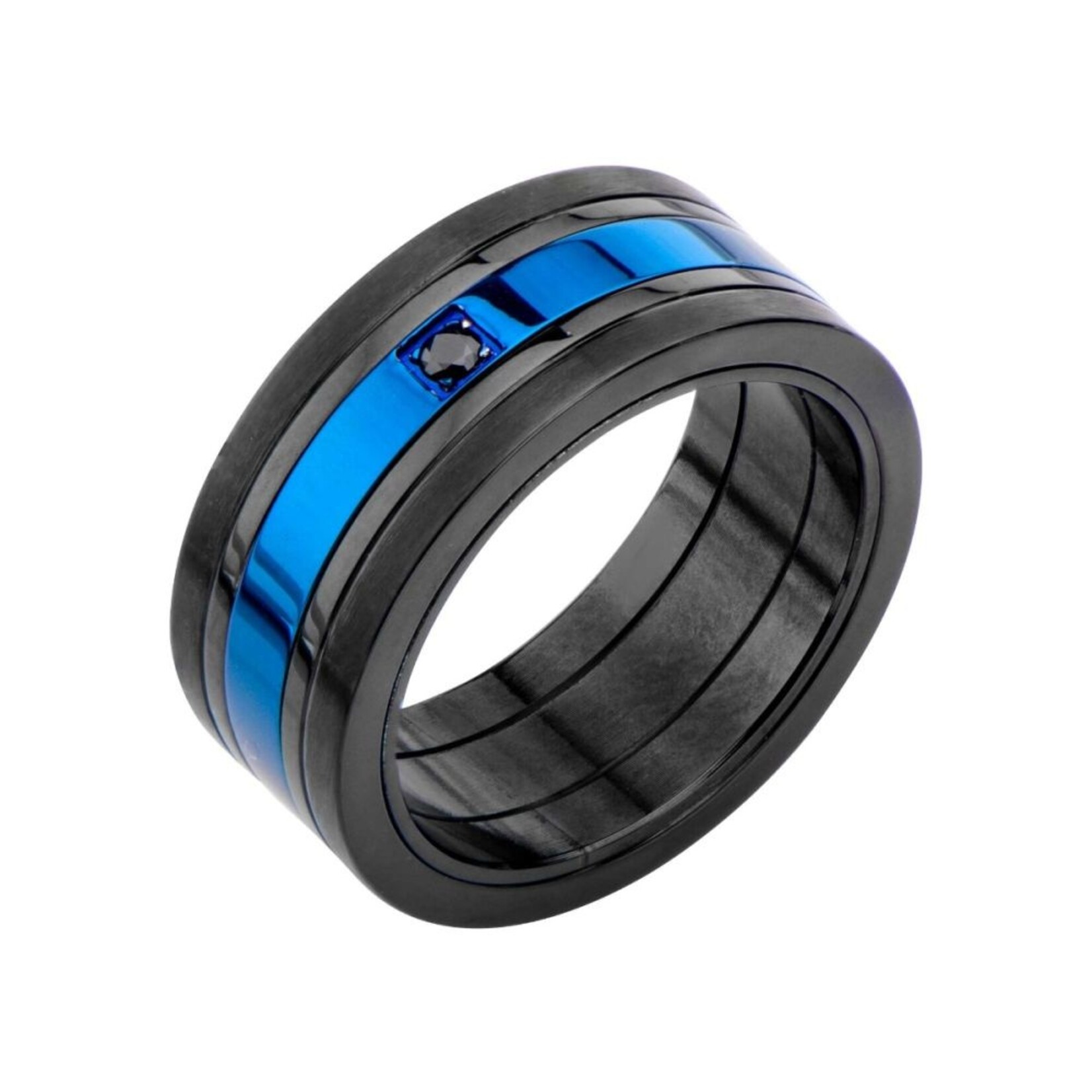 Inox Matte Black & Blue IP w/ Black CZ Ring