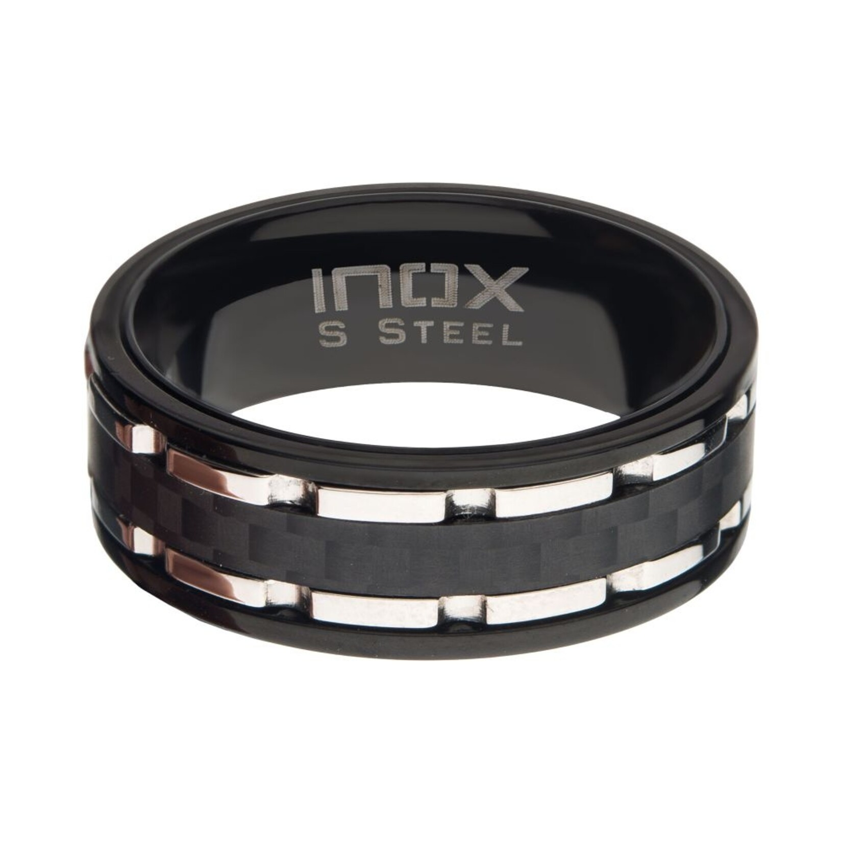Inox Stainless Steel/Black IP Lines & Carbon Fiber Hammered Ring