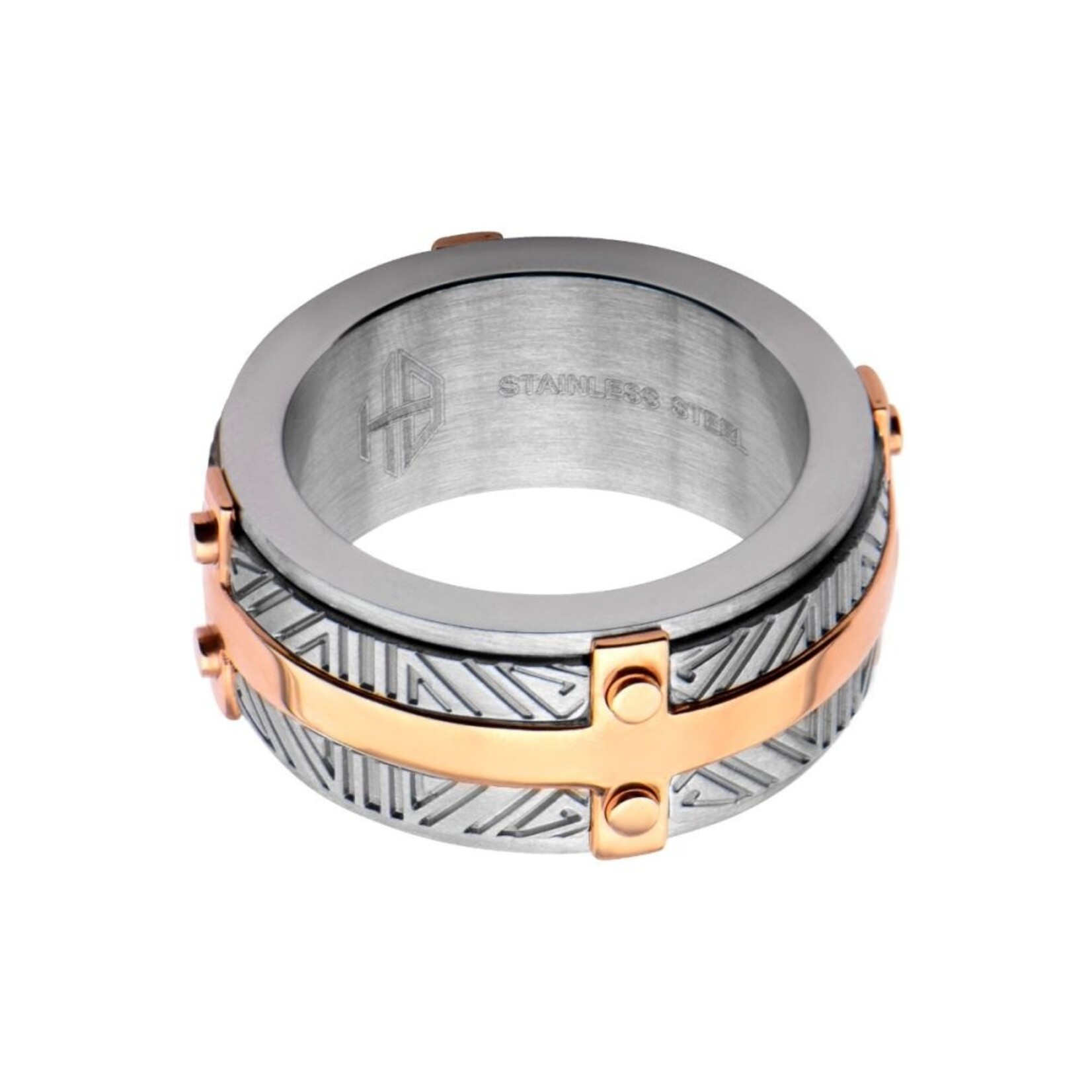 Inox Rose Gold IP Bar Accent with Gray Steel Labyrintine Ring