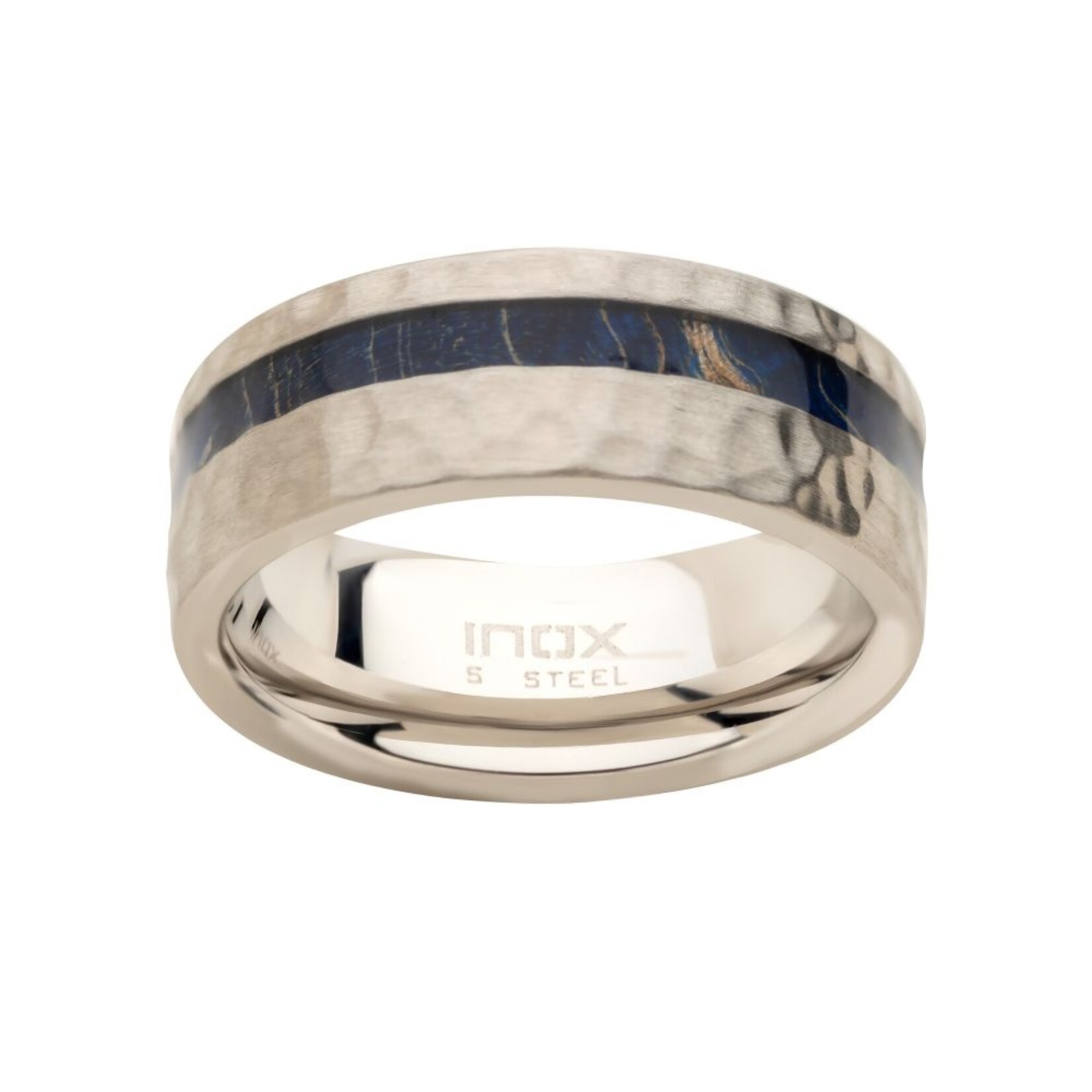 Inox Steel Blue Dyed Wood Inlay Ring