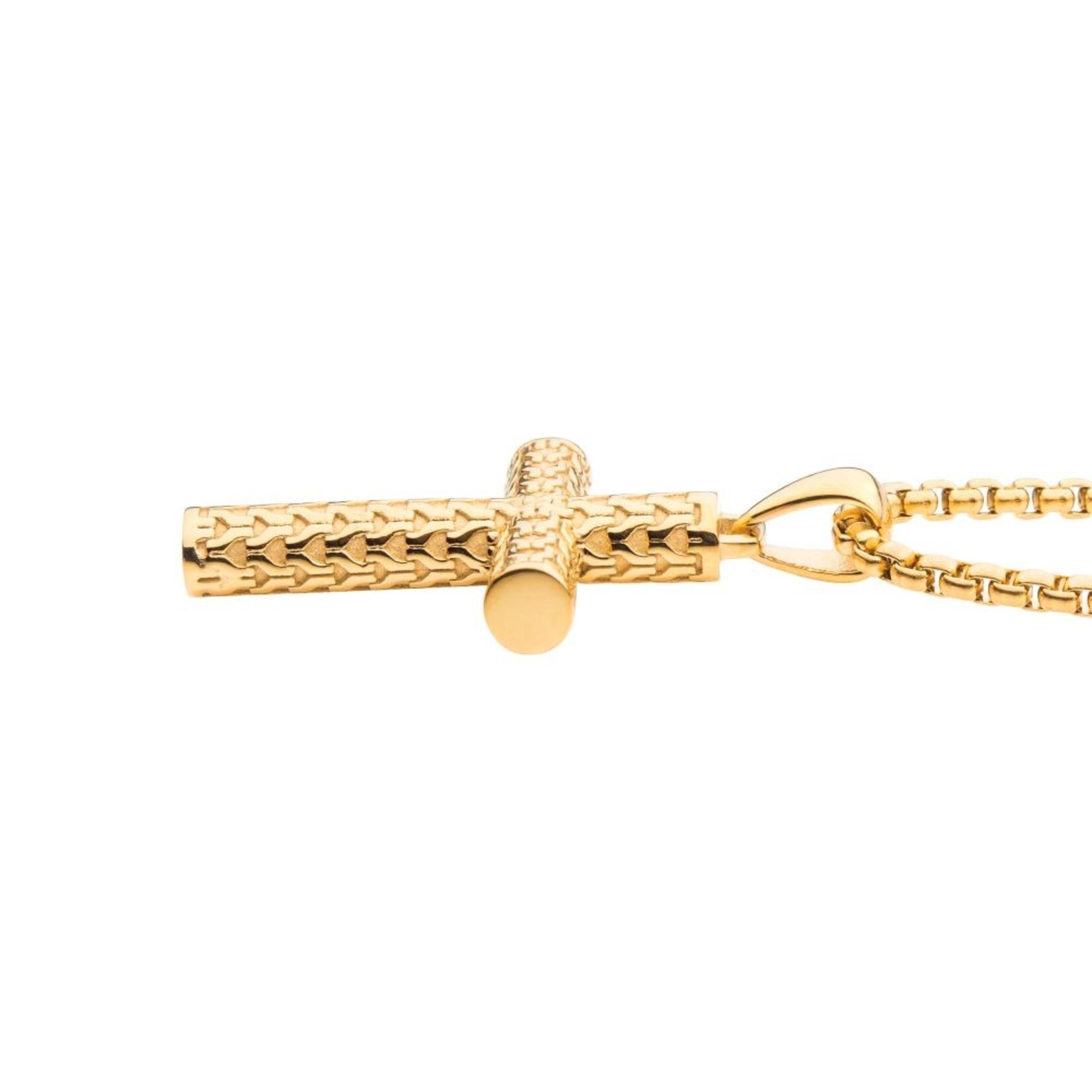 Inox Polished 18K Gold IP Scale Cross Drop Necklace with Bold Box Chain - 22"