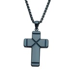 Inox Blue IP Ridged Compact Cross Pendant with Cobalt Blue Box Chain - 24"