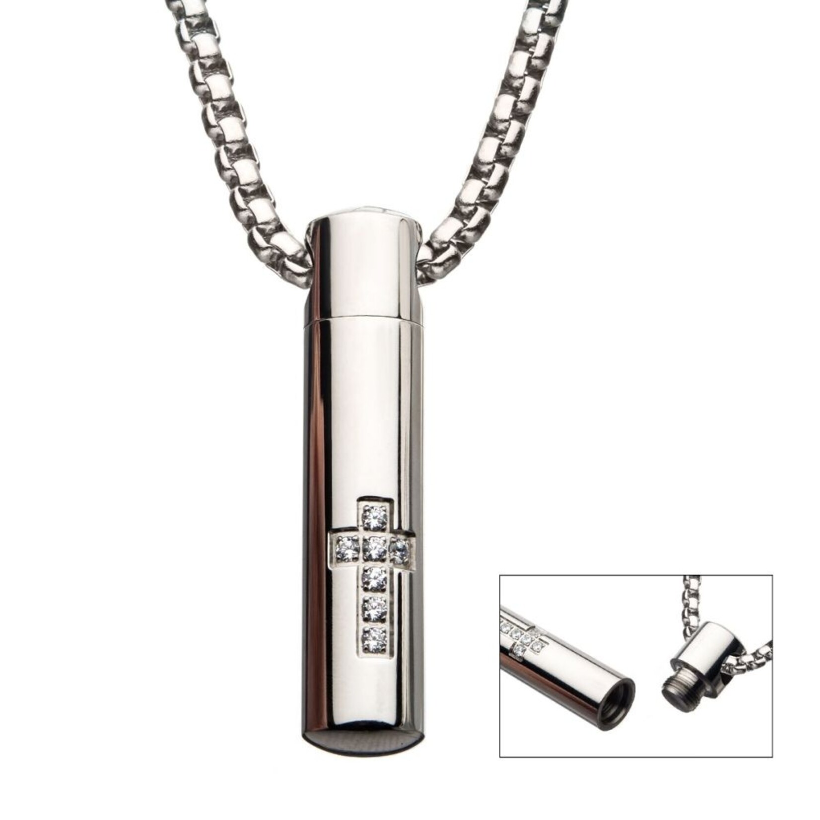 Inox Stainless Steel Memorial Cross w/ Clear CZ Necklace