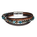 Inox Chrysocolla Beads with Brown Leather Layered Bracelet 8"-8.5"