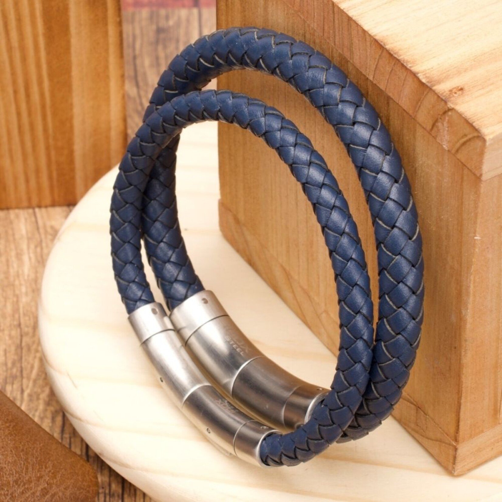 Inox 6mm Blue Genuine Leather Bracelet - 8"-8.5"