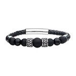 Inox Black Full Grain Cowhide Leather Bracelet with Black Onyx Beads