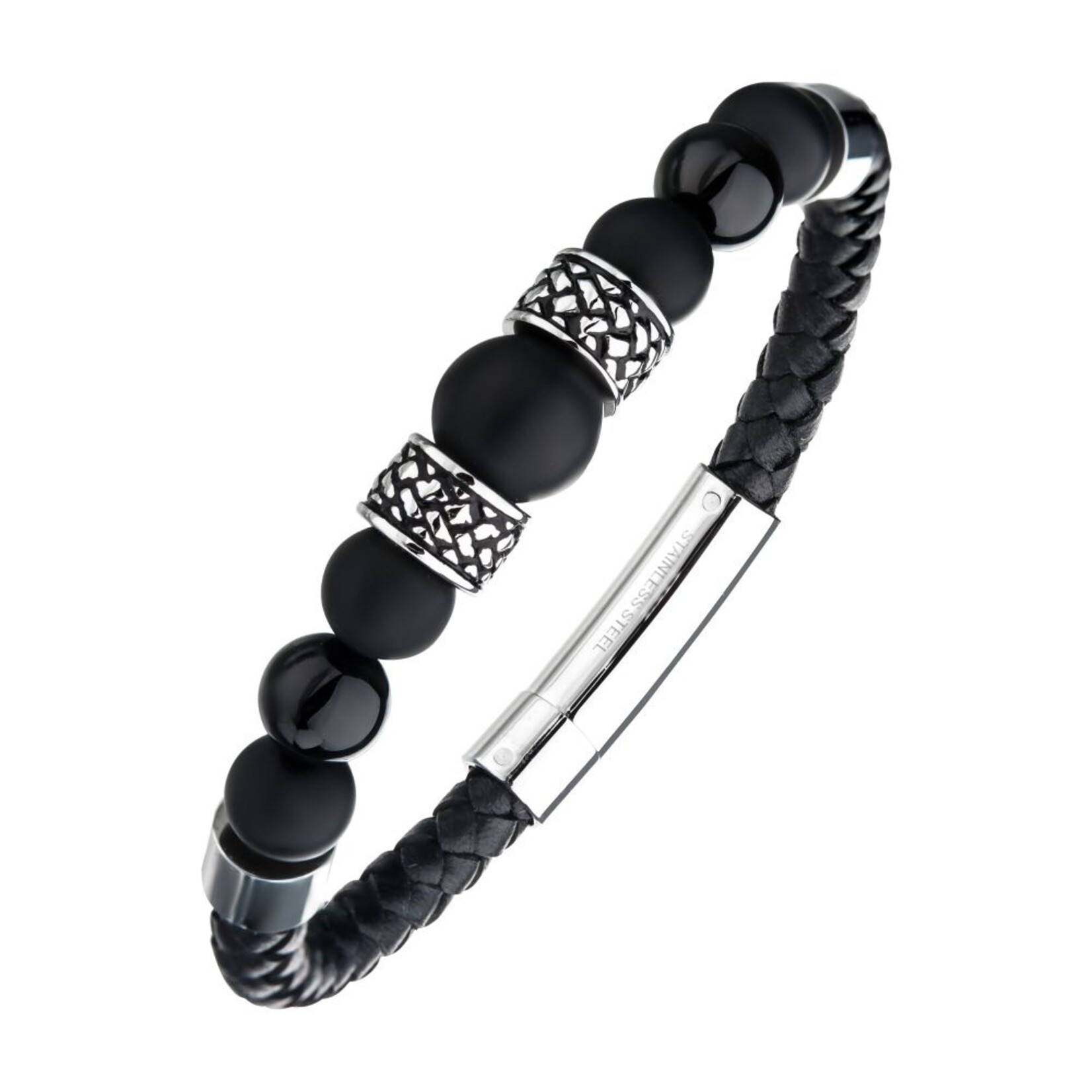 Inox Black Full Grain Cowhide Leather Bracelet with Black Onyx Beads