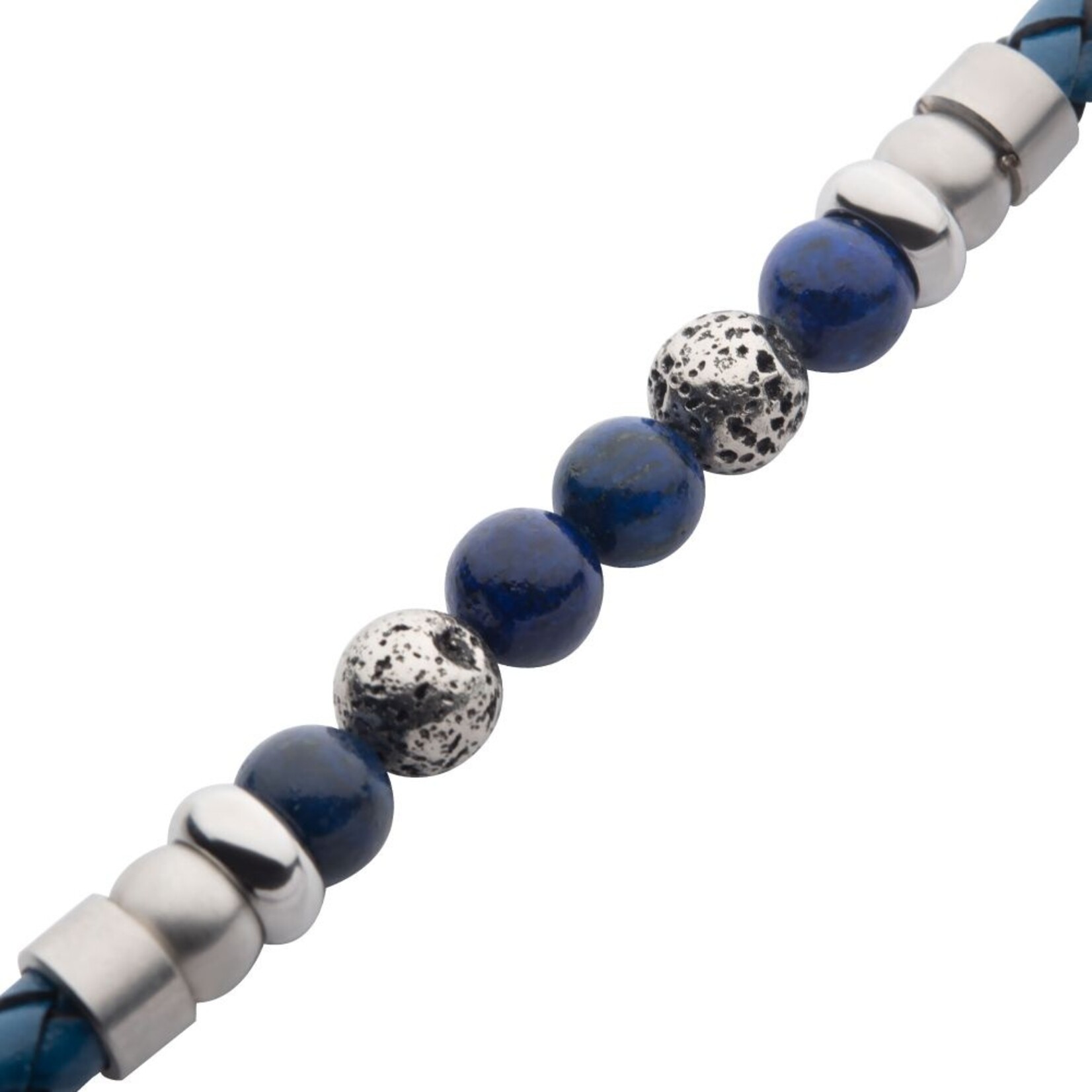 Inox Blue Braided Leather with Lapis Lazuli Stone Bead Bracelet