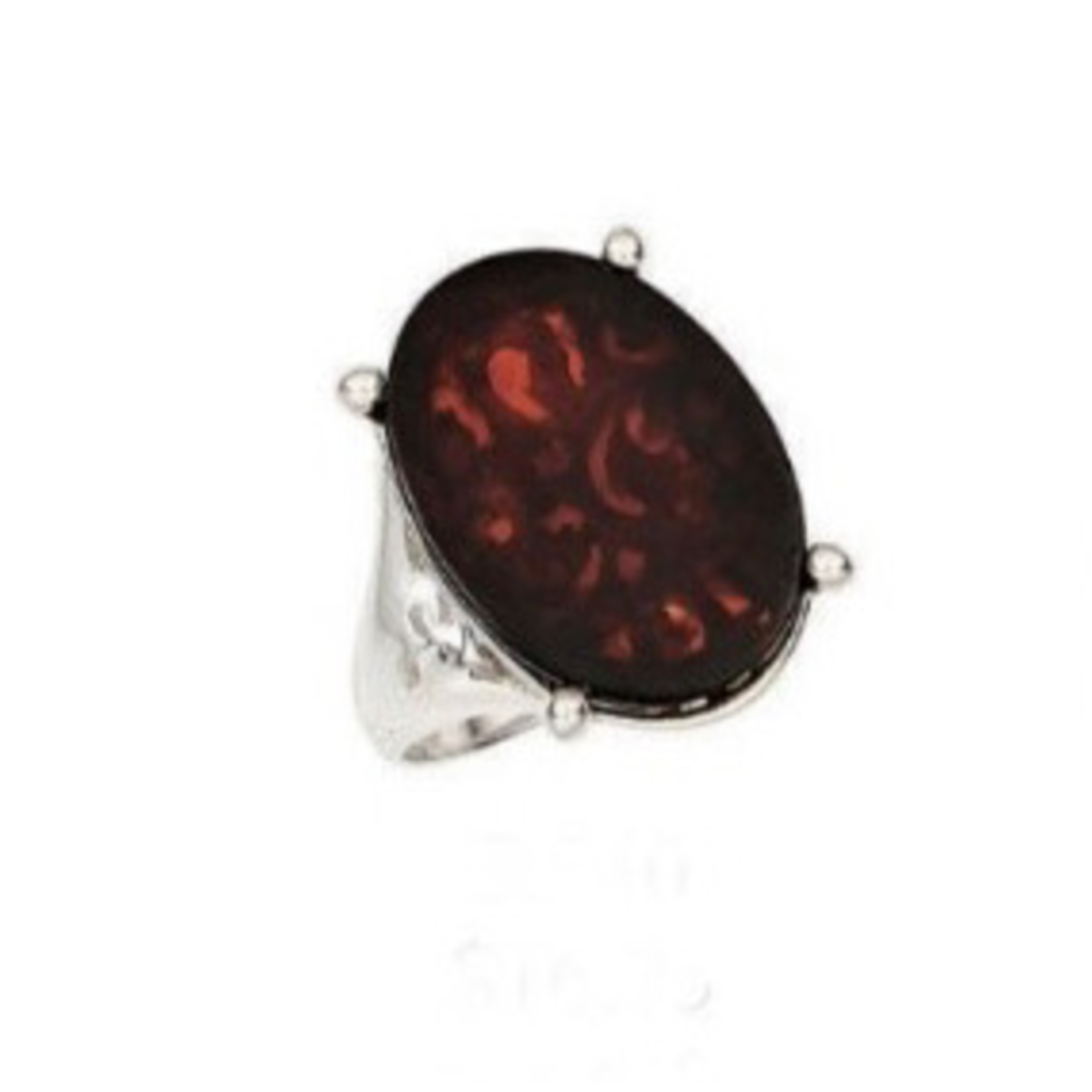 Amber Sterling Silver Cherry Amber Underlay Scrollwork Oval Ring 8