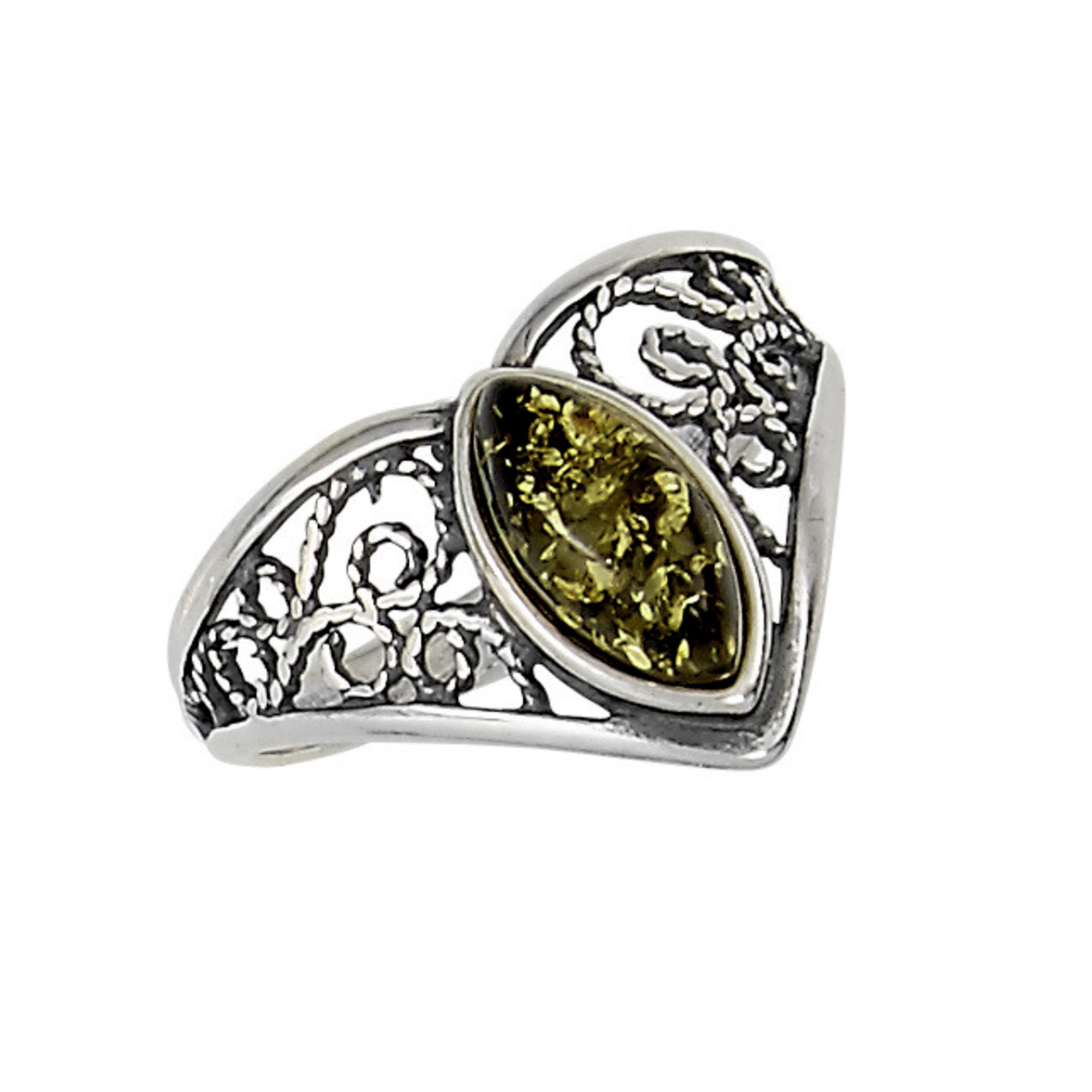 Amber Sterling Silver Green Amber Filigree Ring