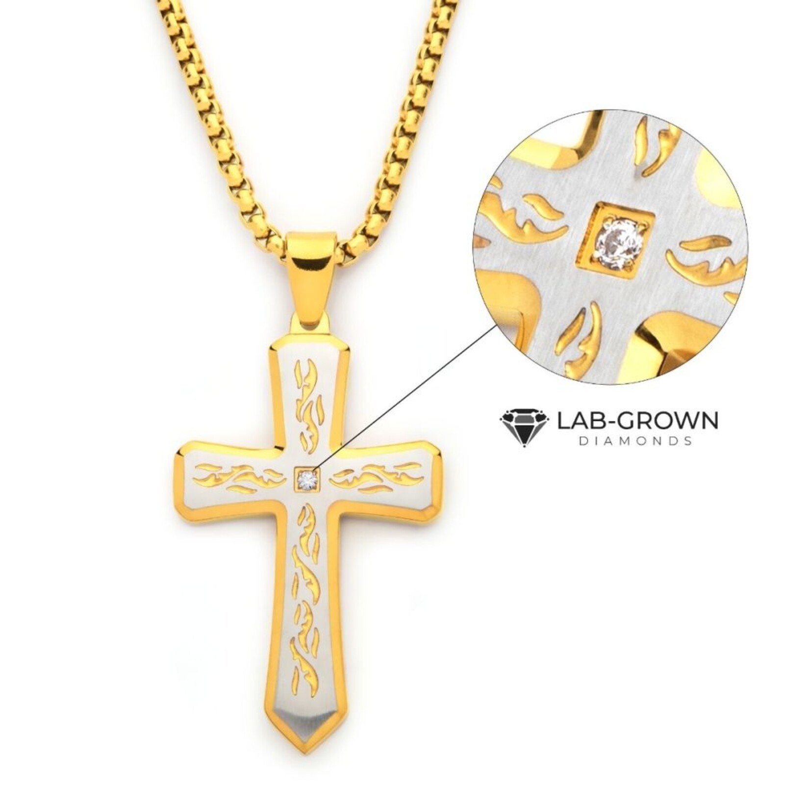 Inox 2mm Gold Tribal Cross Pendant 24"