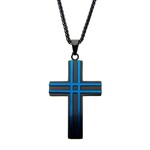 Inox 4mm Matte Black & Blue Cross Pendant - 24"