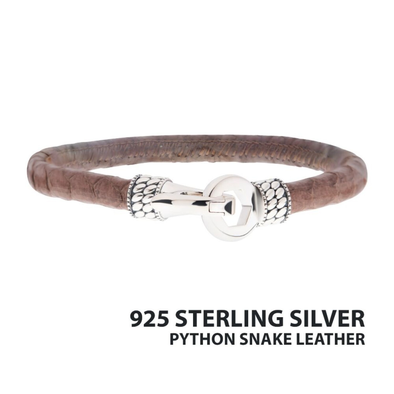 Inox rown Soft Python Leather Bracelet with Hinged Polished Finish 925 Sterling Silver Clasp 8.5"