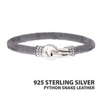 Inox Gray Soft Python Leather Bracelet with Hinged Polished Finish 925 Sterling Silver Clasp 8.5"