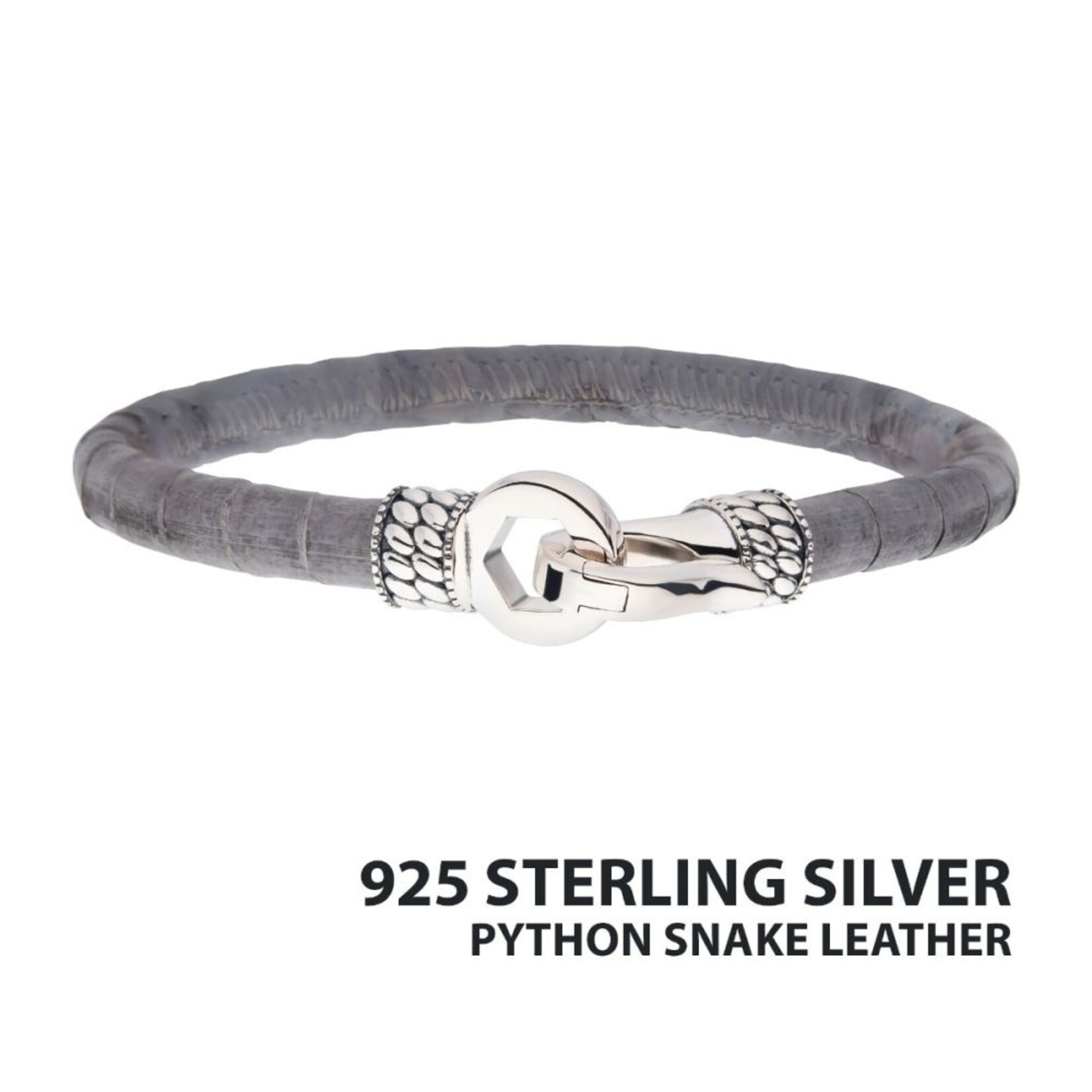 Inox Gray Soft Python Leather Bracelet with Hinged Polished Finish 925 Sterling Silver Clasp 8.5"