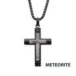 Inox Genuine Meteorite Inlay Cross Pendant 24"