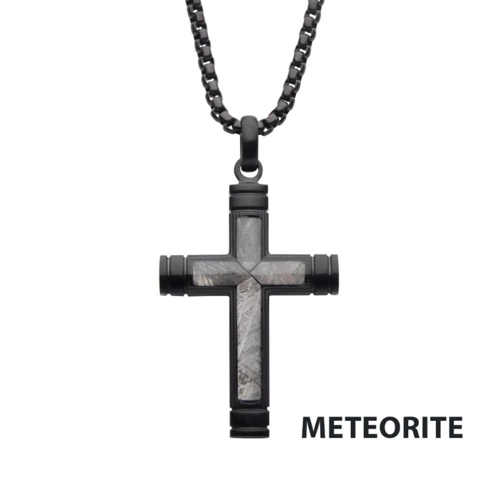 Inox Meteorite Inlay Cross Pendant - 24 inch