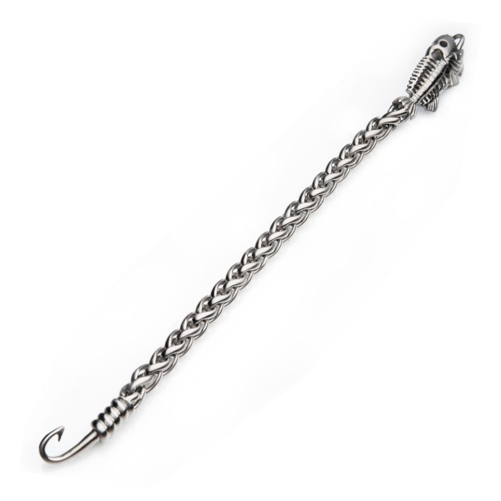Inox Polished Steel Wheat Chain with Fishbone on Hook Clasp Bracelet - 8.5 inch
