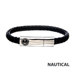 Inox Black Leather with Anchor in Brushed Steel Clasp Bar Bracelet - 8"