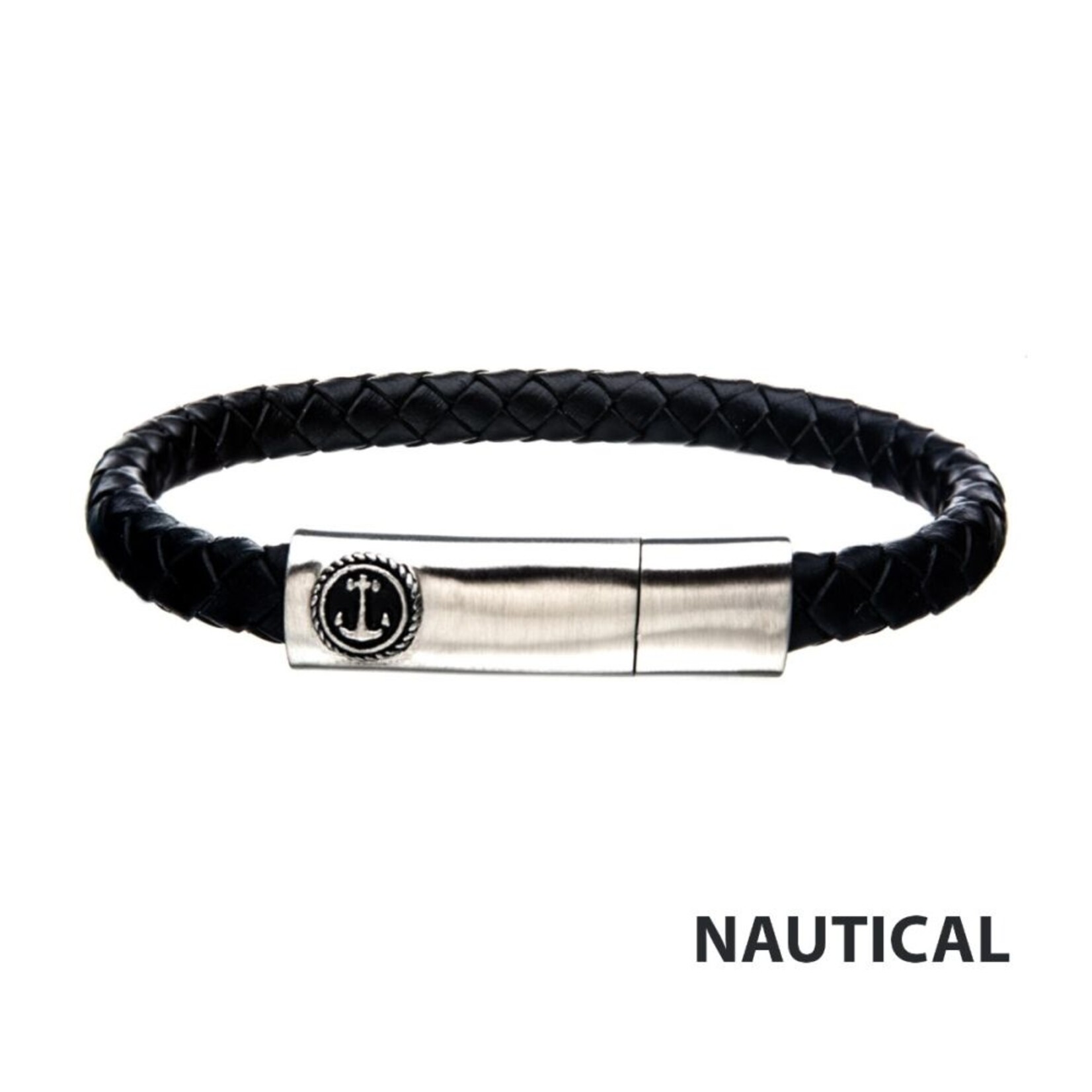 Inox Black Leather with Anchor in Brushed Steel Clasp Bar Bracelet