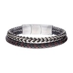 Inox Multi Strand Leather and Stainless Steel Foxtail Chain Stacking Duo Bracelet - 8.25"-8.75"