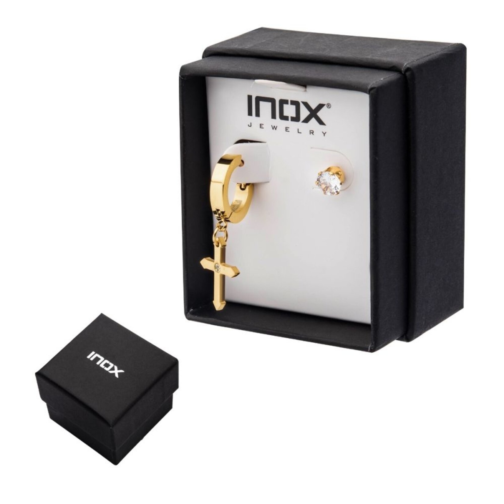 Inox Gold IP Dangling Cross with CZ Huggie & Prong Set CZ Stud Mismatched Earrings