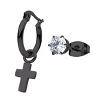 Inox Black IP Dangling Cross Hoop & Prong Set CZ Stud Mismatched Earrings