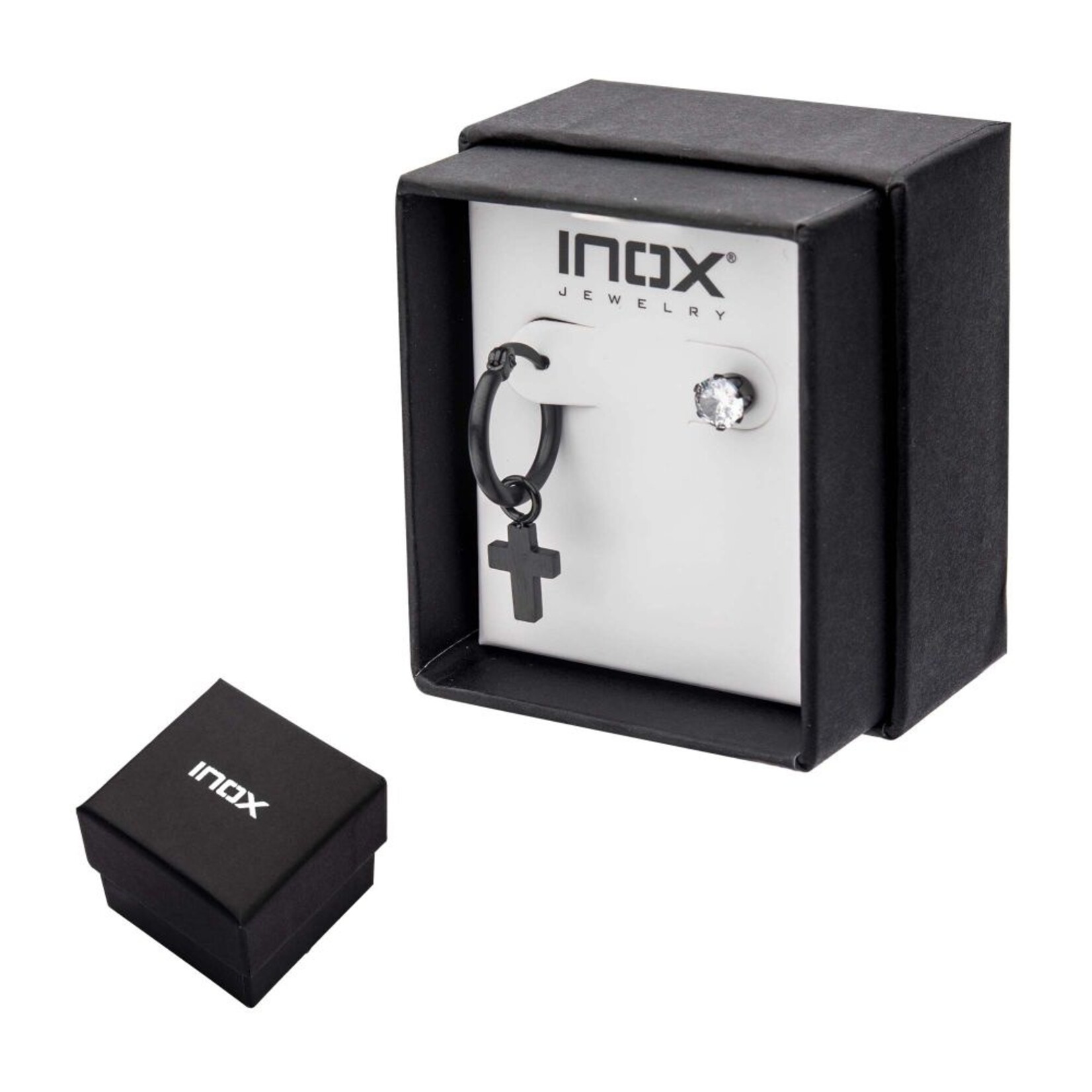 Inox Black IP Dangling Cross Hoop & Prong Set CZ Stud Mismatched Earrings