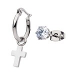 Inox Steel Dangling Cross Hoop & Prong Set CZ Stud Mismatched Earrings