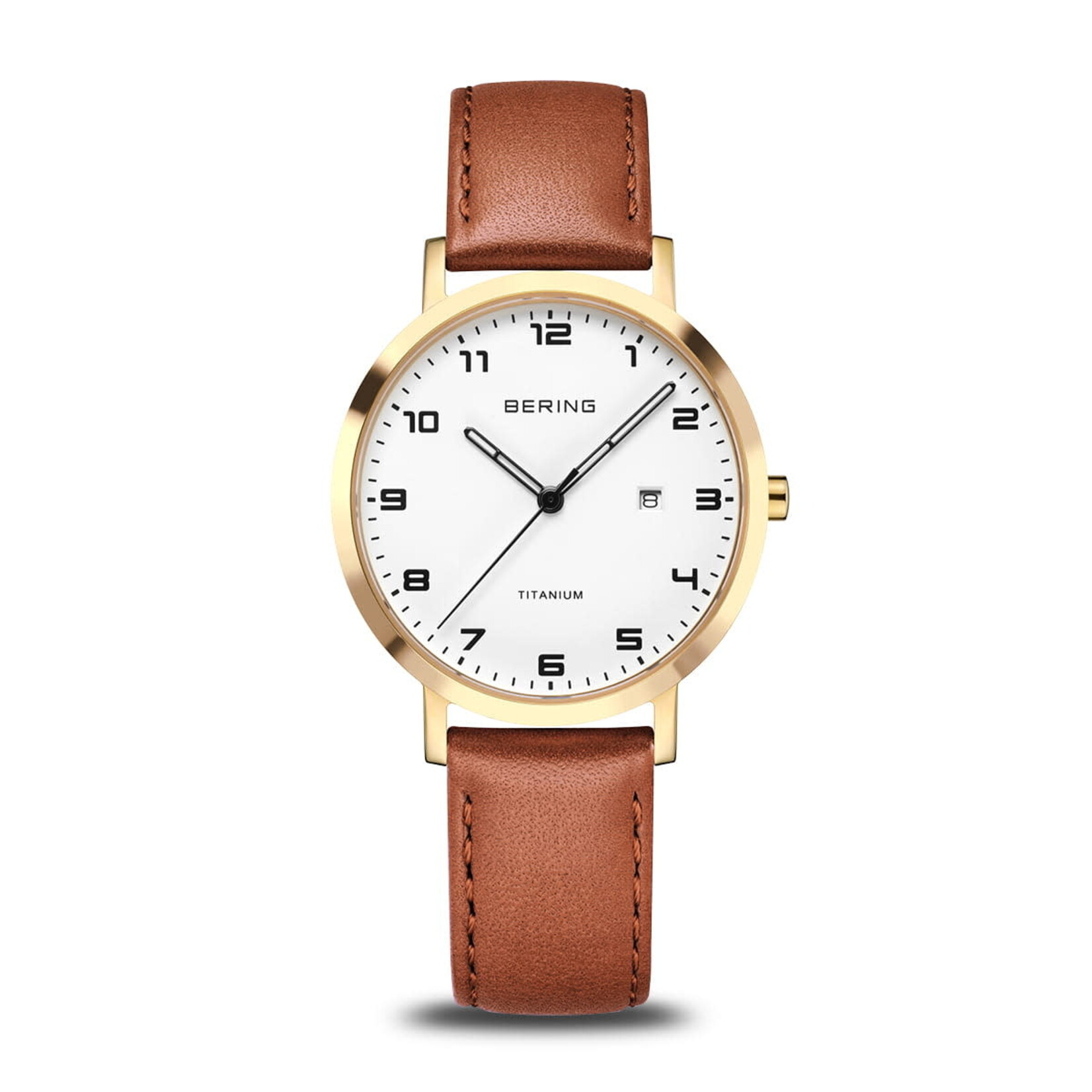 Bering Tan Leather Polished Gold White Face Watch