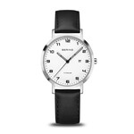 Bering Black Leather Polished Silver White Face Watch