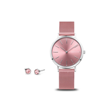 Bering Stainless Steel Swarovski Crystals Pink Charity Watch & Ear. Set