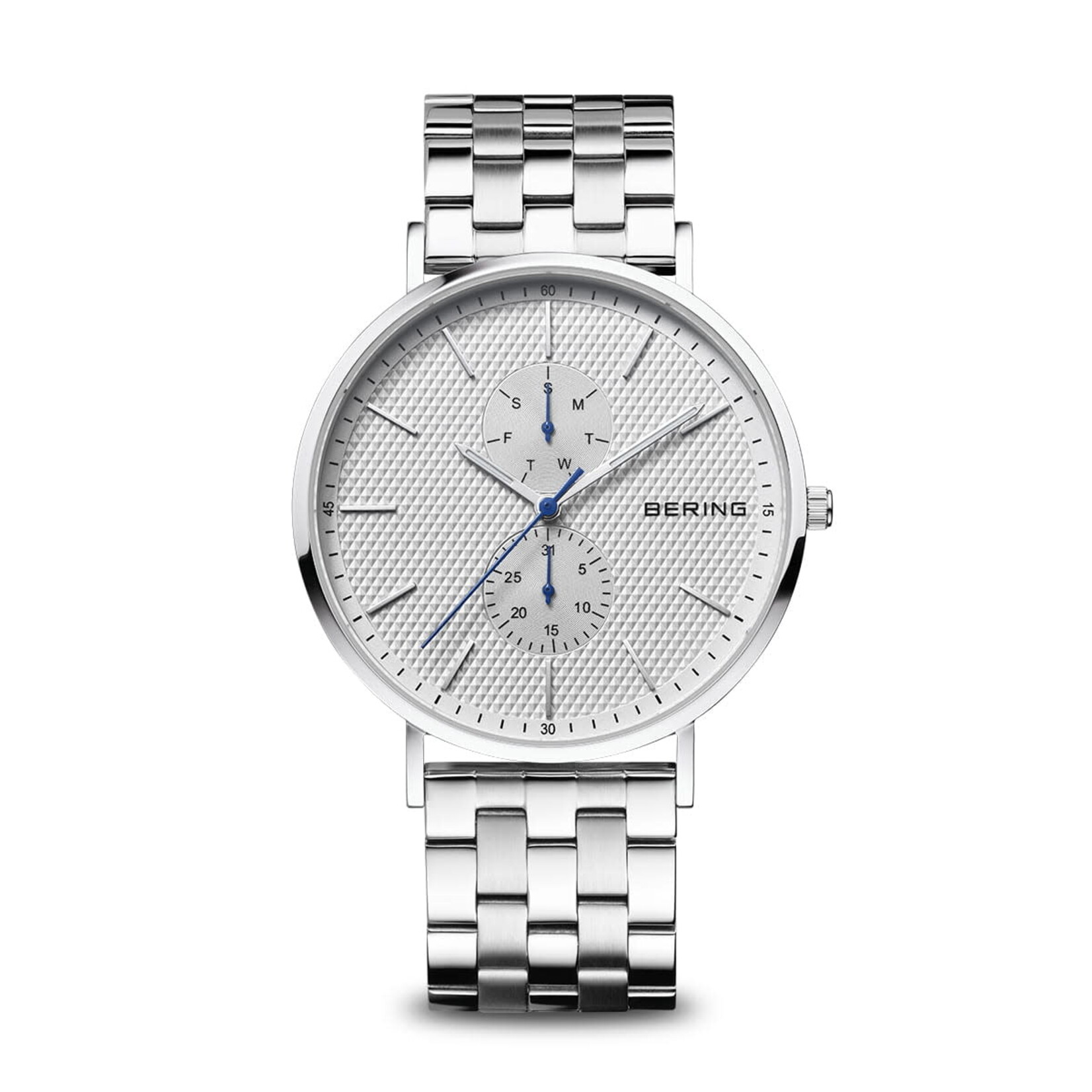 Bering Polished Silver Links w/ Textured White Face + Blue Accent Day/Date Dials Watch