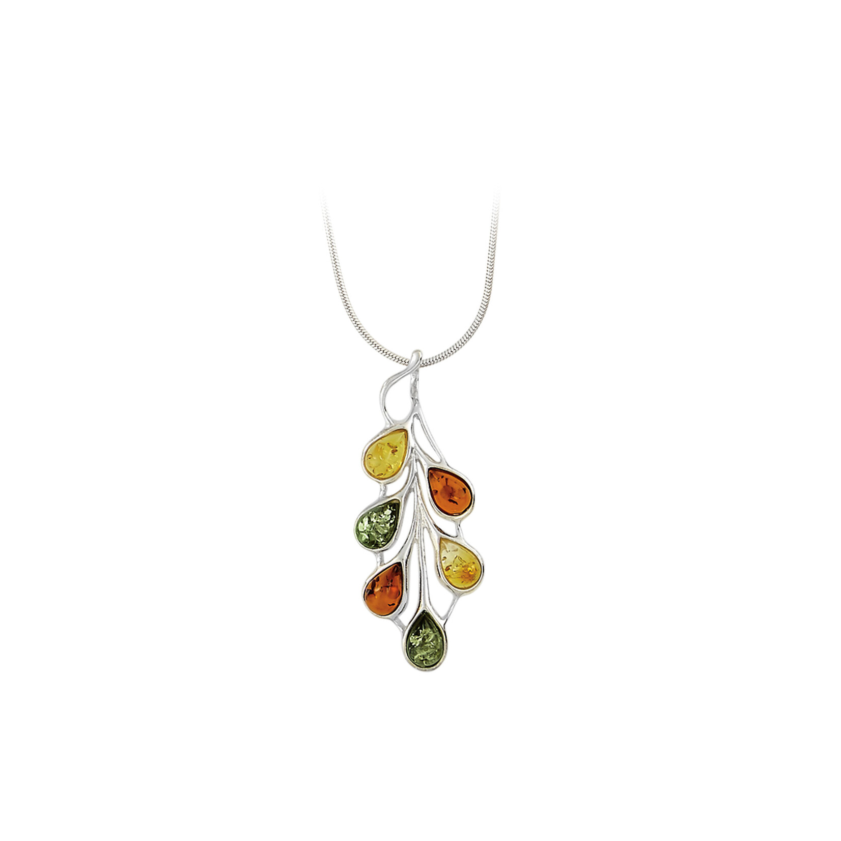Amber Sterling Silver Multi Amber Leaf Necklace