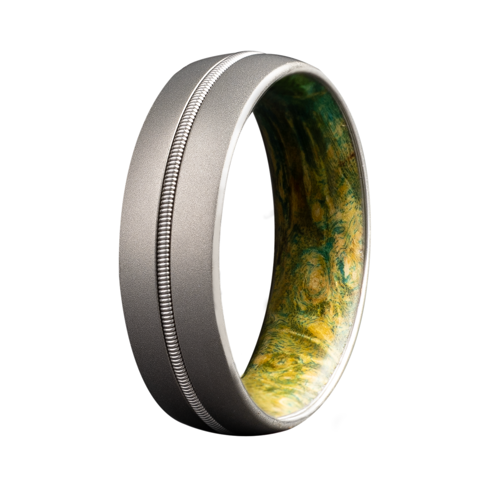 Heavy Stone 7mm Cobalt with Silver Guitar String and Green Burl Wood Ring 10